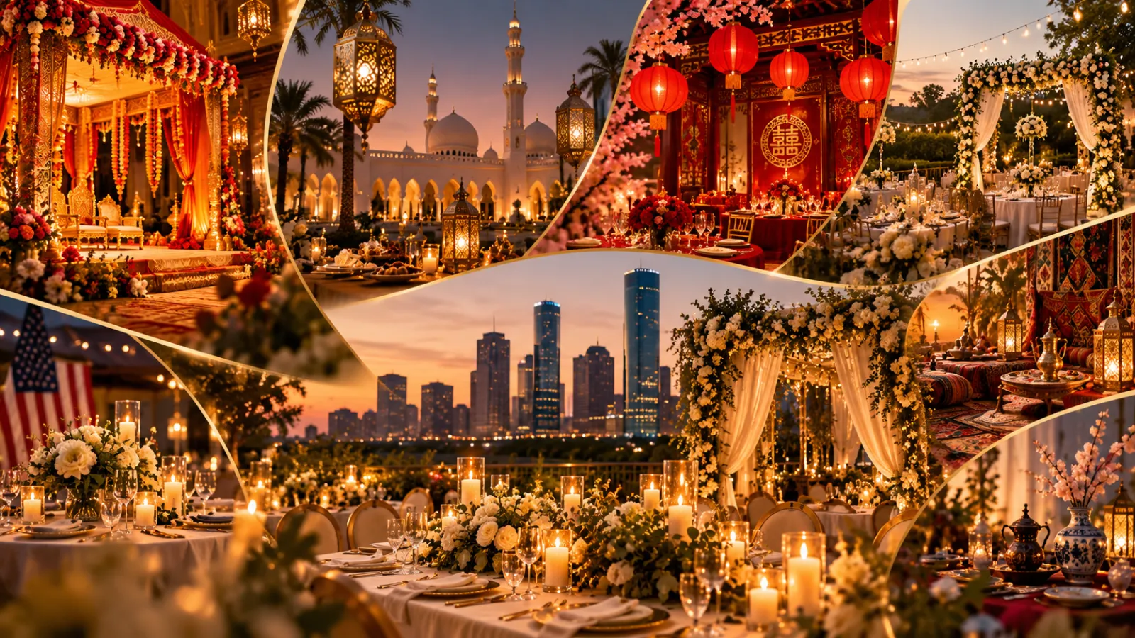 Celebrations from many cultures: an Indian mandap, a Middle Eastern evening, a Chinese red-lantern banquet, a garden wedding and a Houston reception